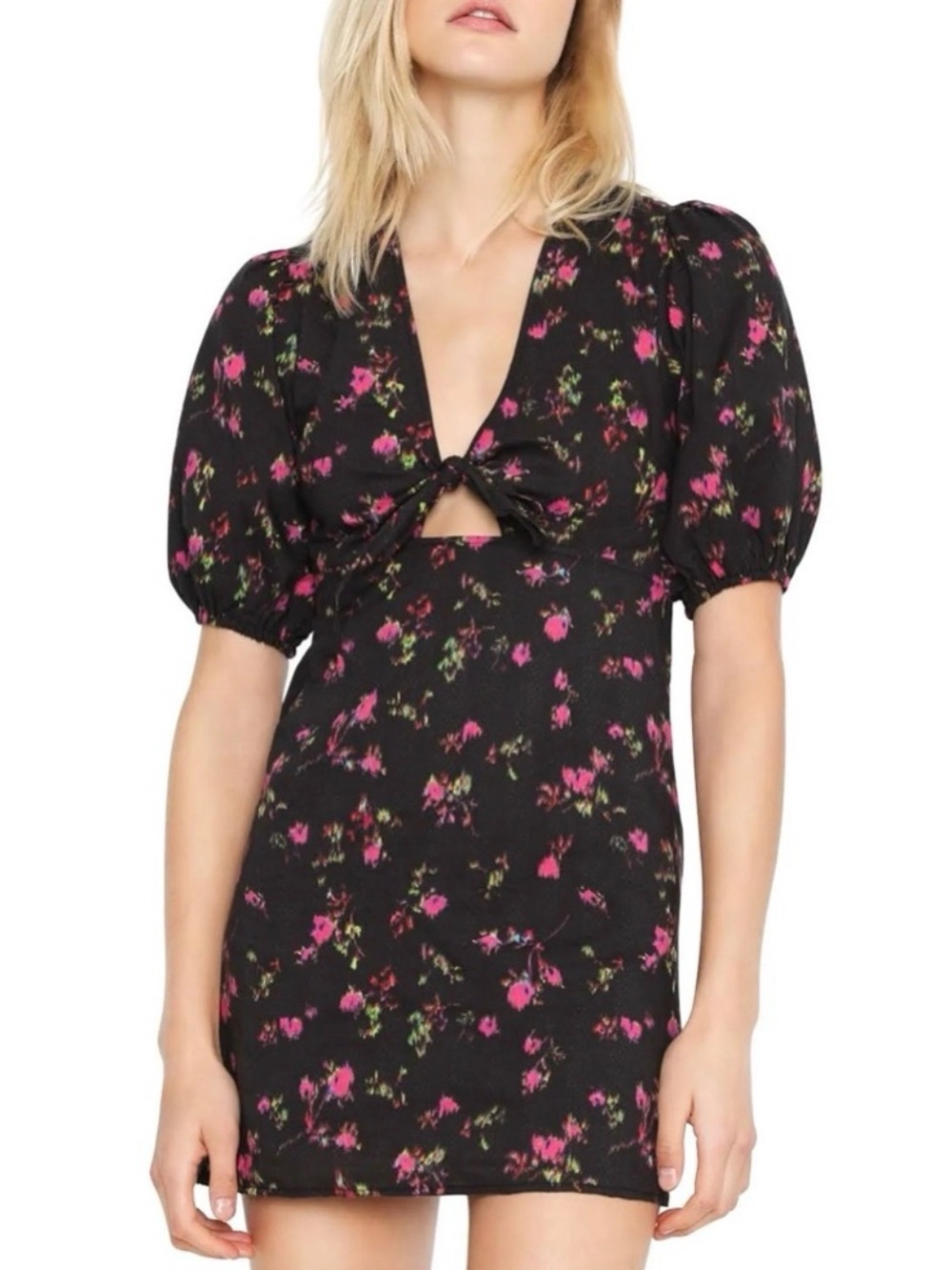 Pam & Gela Black Mini Dress with Pink Floral Print